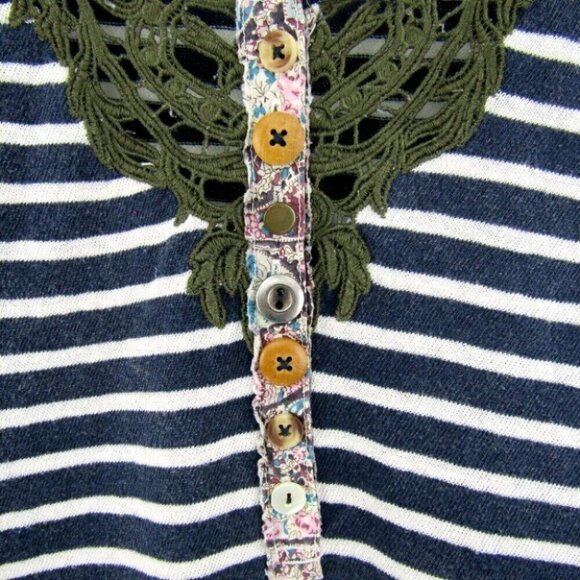 We The Free People Call Back Blue Stripe Henley Top Size S Crochet Lace Buttons - Picture 4 of 10